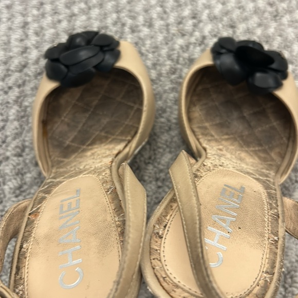 AUTHENTIC Chanel Beige and Black Women\'s Wedge Sandals, Size 38